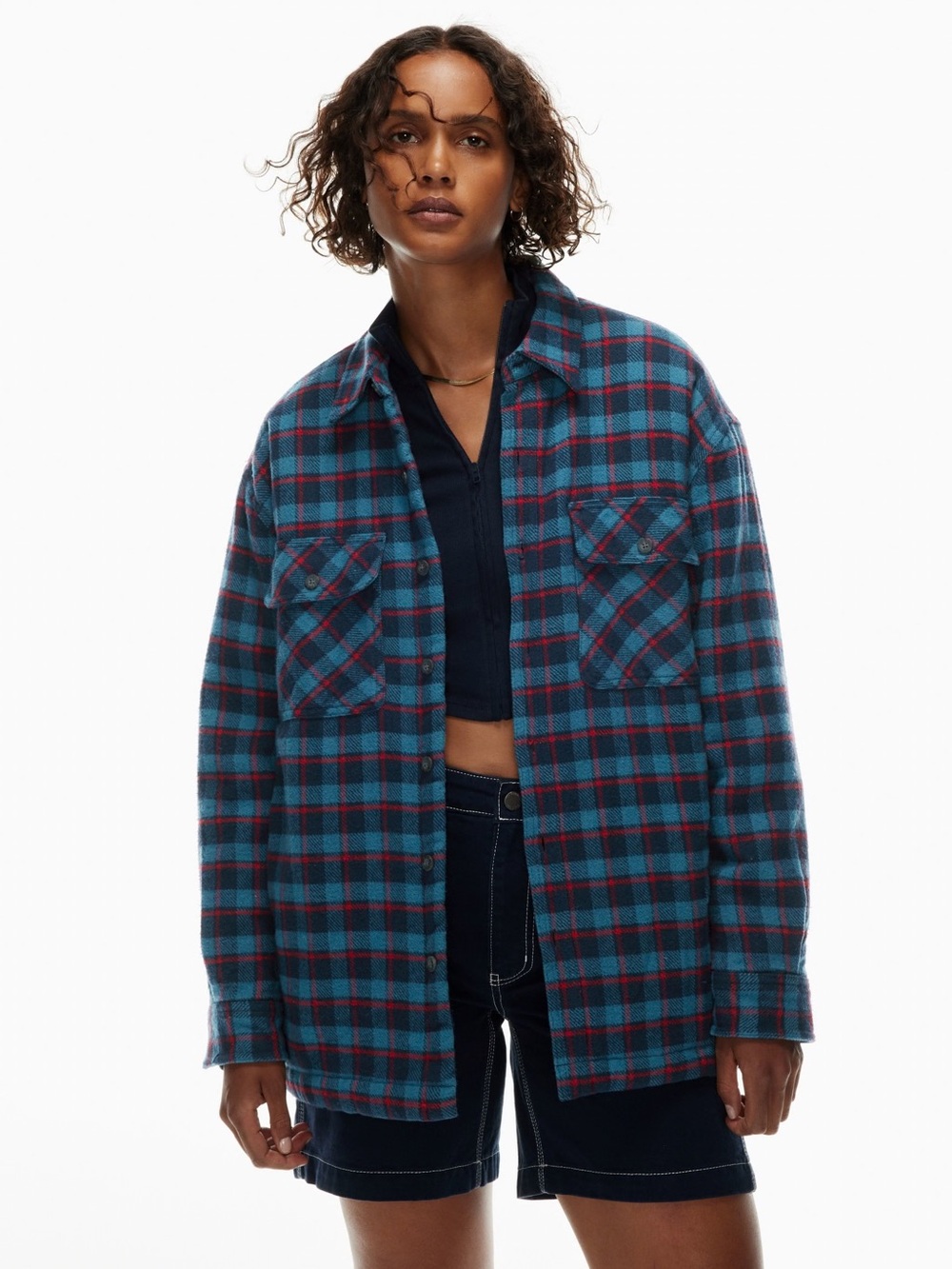 TNA Prospect Sherpa Lined Plaid Shacket Teal Red Shirt Jacket Cozy Oversized